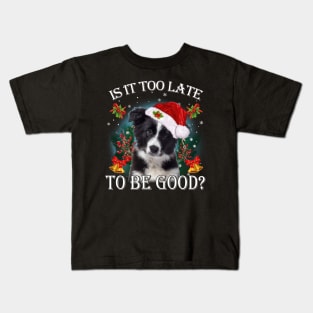 Santa border collie Christmas Is It Too Late To Be Good Kids T-Shirt